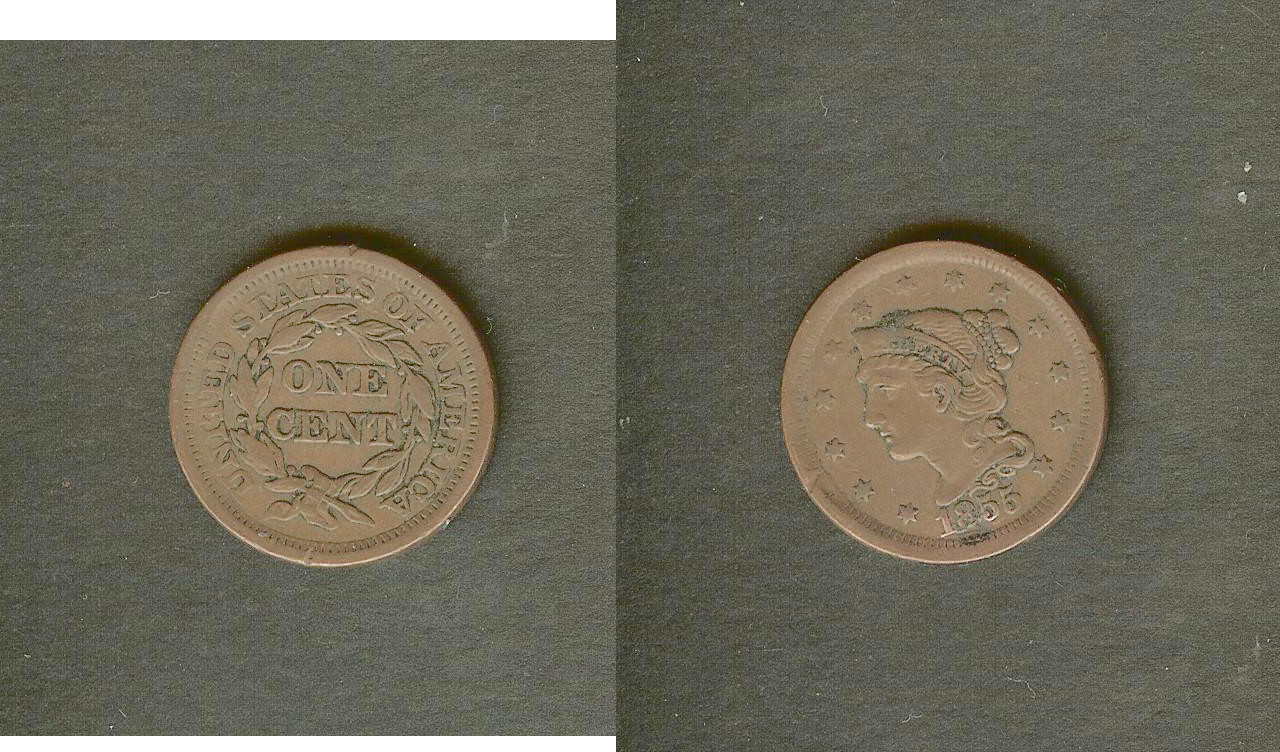 USA 1 cent \"braided hair\" 1855 gVF